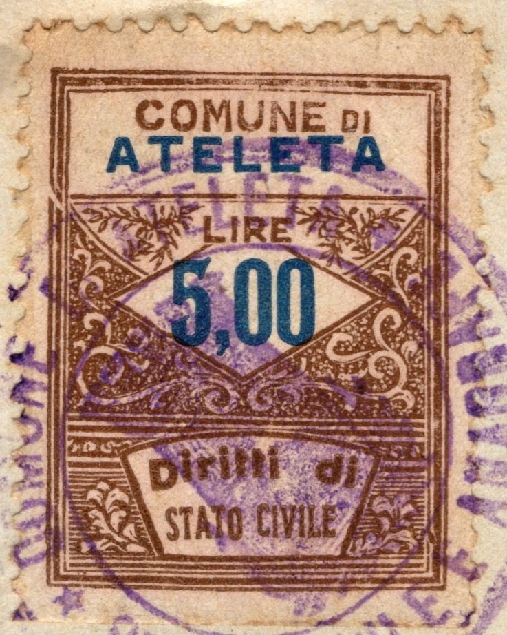 Marca da Bollo del Comune di ATELETA su Carta Bianca Sottile di dimensioni 23 x 28 mm