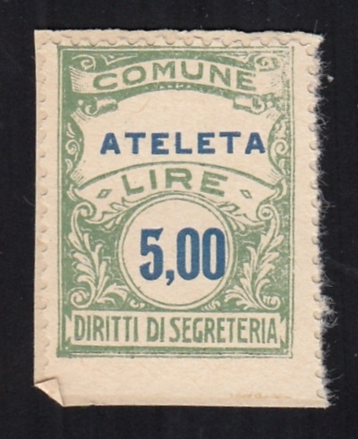 Marca da Bollo del Comune di ATELETA su Carta Bianca Sottile di dimensioni 23 x 28 mm