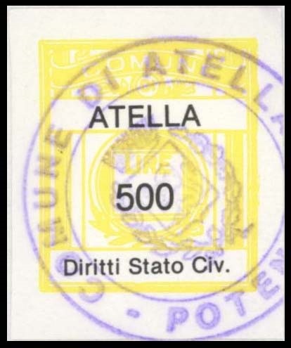 Marca da Bollo del Comune di ATELLA su Carta Bianca di dimensioni 21 x 25 mm