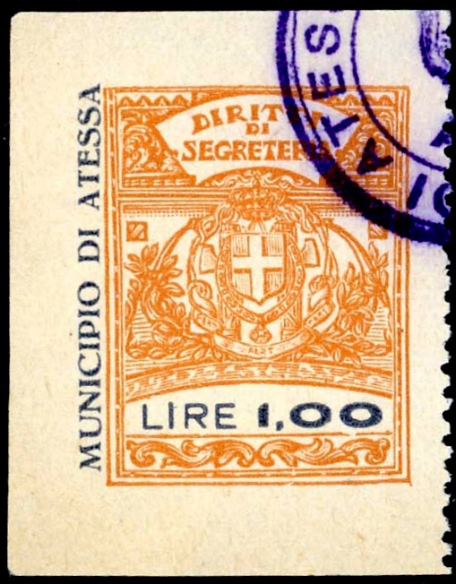 Marca da Bollo del Comune di ATESSA su Carta Bianca Sottile di dimensioni 25 x 29,5 mm