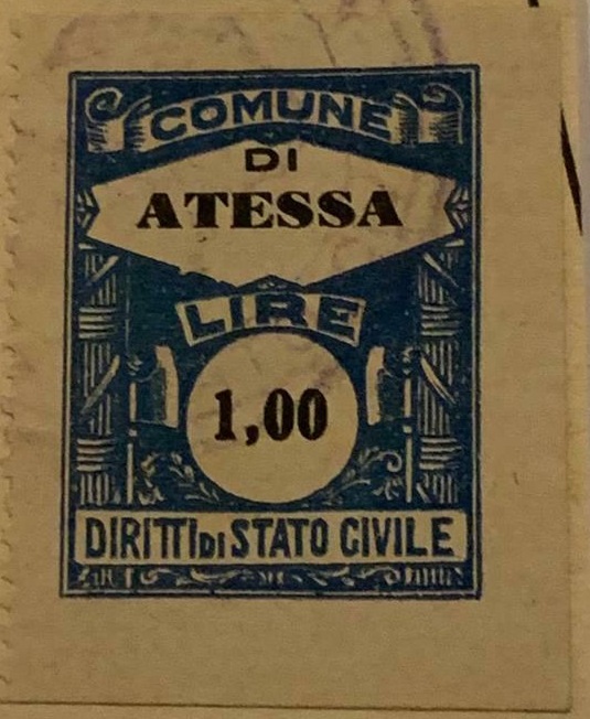 Marca da Bollo del Comune di ATESSA su Carta Bianca di dimensioni mm