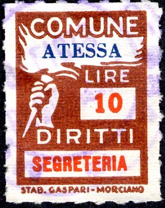 Marca da Bollo del Comune di ATESSA su Carta Bianca di dimensioni 18 x 26,5 mm