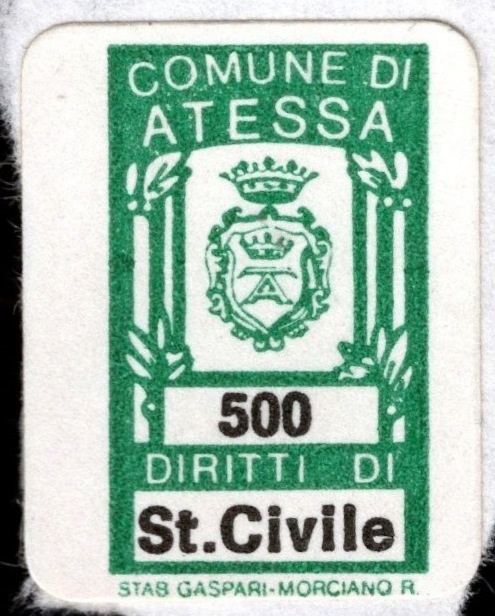 Marca da Bollo del Comune di ATESSA su Carta Bianca di dimensioni 15 x 23 mm