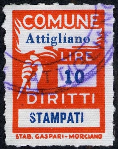 Marca da Bollo del Comune di ATTIGLIANO su Carta Bianca Sottile di dimensioni 18,5 x 26 mm