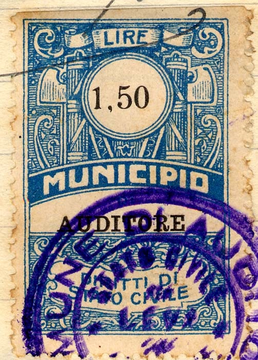 Marca da Bollo del Comune di AUDITORE su Carta Bianca Sottile di dimensioni 26 x 43,5 mm