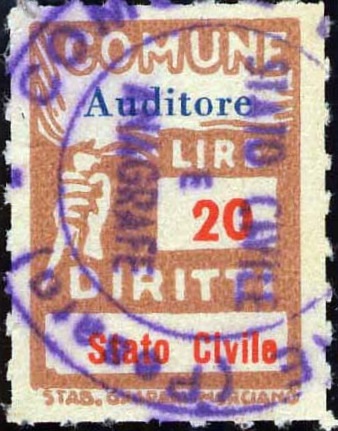 Marca da Bollo del Comune di AUDITORE su Carta Bianca Sottile di dimensioni 18,5 x 26,5 mm
