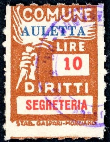 Marca da Bollo del Comune di AULETTA su Carta Bianca Sottile di dimensioni 18,5 x 26 mm