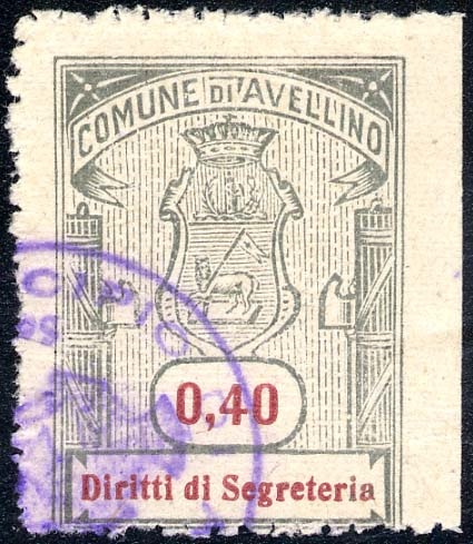 Marca da Bollo del Comune di AVELLINO su Carta Bianca Sottile di dimensioni 22 X 30 mm