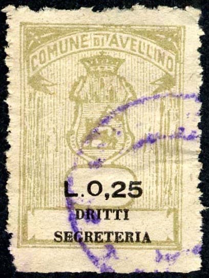 Marca da Bollo del Comune di AVELLINO su Carta Bianca di dimensioni 21,5 x 30 mm
