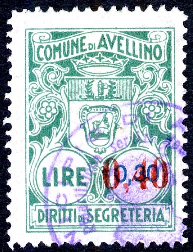 Marca da Bollo del Comune di AVELLINO su Carta Bianca Sottile di dimensioni 21 x 29 mm