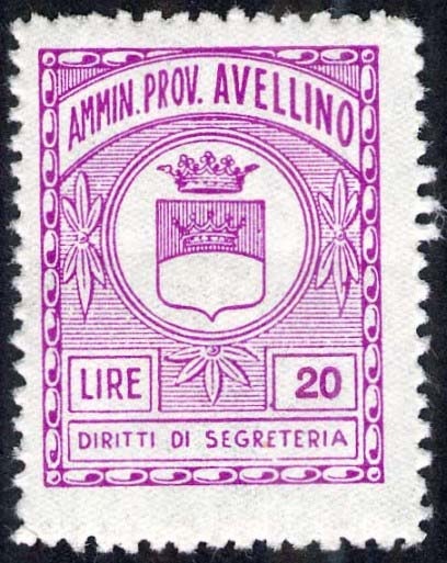 Marca da Bollo del Comune di AVELLINO su Carta Bianca di dimensioni 22 x 28 mm