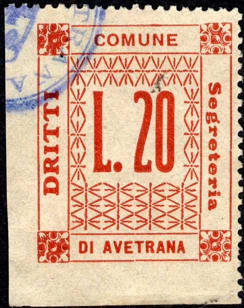 Marca da Bollo del Comune di AVETRANA su Carta Bianca Sottile di dimensioni 22,5 X 33 mm
