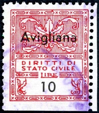 Marca da Bollo del Comune di AVIGLIANA su Carta Bianca di dimensioni 21 x 24,5 mm