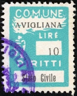 Marca da Bollo del Comune di AVIGLIANA su Carta Bianca di dimensioni 18,5 x 26 mm