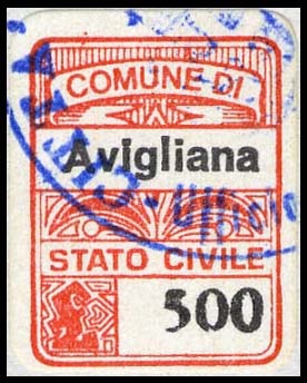 Marca da Bollo del Comune di AVIGLIANA su Carta Bianca di dimensioni 15,5 x 21 mm