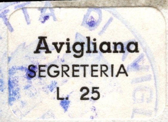 Marca da Bollo del Comune di AVIGLIANA su Carta Colorata di dimensioni 20 X 14 mm