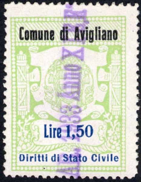 Marca da Bollo del Comune di AVIGLIANO su Carta Bianca di dimensioni 22,5 x 29 mm