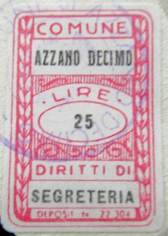 Marca da Bollo del Comune di AZZANO DECIMO su Carta Bianca di dimensioni 20 x 30 mm