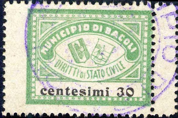 Marca da Bollo del Comune di BACOLI su Carta Bianca di dimensioni 29 x 22,5 mm