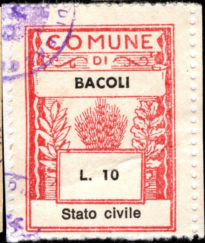 Marca da Bollo del Comune di BACOLI su Carta Bianca di dimensioni 21 x 29 mm