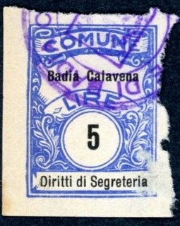 Marca da Bollo del Comune di BADIA CALAVENA su Carta Bianca di dimensioni 22,5 x 29 mm