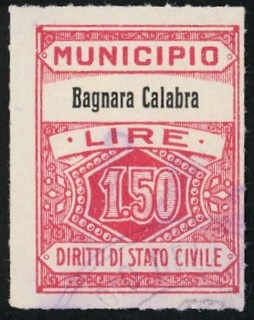 Marca da Bollo del Comune di BAGNARA CALABRA su Carta Bianca di dimensioni 22,5 x 29 mm