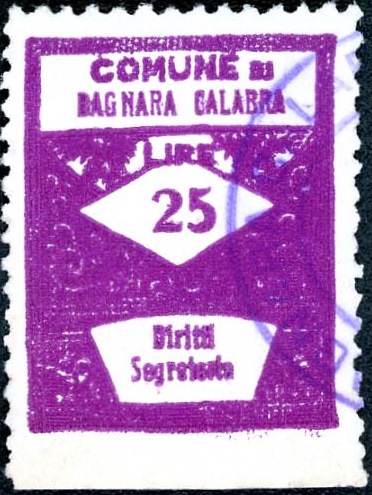 Marca da Bollo del Comune di BAGNARA CALABRA su Carta Bianca di dimensioni 22 x 28,5 mm