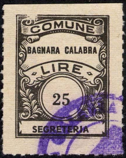 Marca da Bollo del Comune di BAGNARA CALABRA su Carta Bianca di dimensioni 22 x 29 mm
