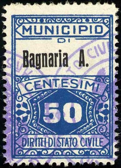 Marca da Bollo del Comune di BAGNARIA ARSA su Carta Bianca di dimensioni 22,5 x 29 mm