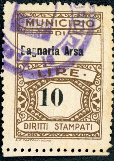 Marca da Bollo del Comune di BAGNARIA ARSA su Carta Bianca di dimensioni 16,5 x 23,5 mm