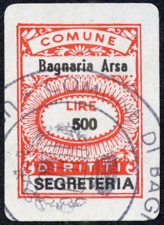 Marca da Bollo del Comune di BAGNARIA ARSA su Carta Bianca di dimensioni 17 x 28,5 mm