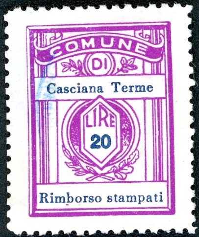 Marca da Bollo del Comune di CASCINA TERME su Carta Bianca di dimensioni 21,5 x 28,5 mm