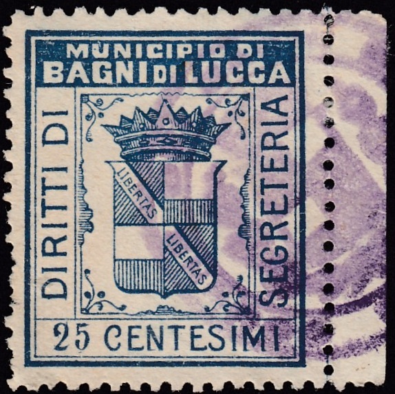 Marca da Bollo del Comune di BAGNI DI LUCCA su Carta Bianca Sottile di dimensioni 24 x 28,5 mm