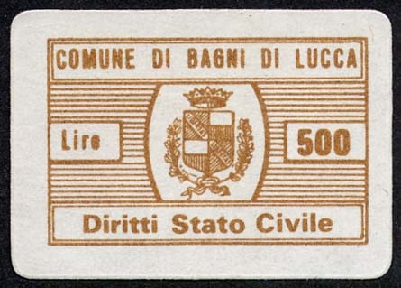 Marca da Bollo del Comune di BAGNI DI LUCCA su Carta Bianca di dimensioni 24,5 x 15,5 mm