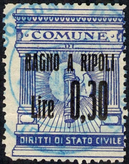 Marca da Bollo del Comune di BAGNO A RIPOLI su Carta Bianca di dimensioni 23,5 x 32,5 mm