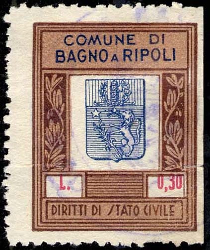 Marca da Bollo del Comune di BAGNO A RIPOLI su Carta Bianca di dimensioni 23 x 29,5 mm