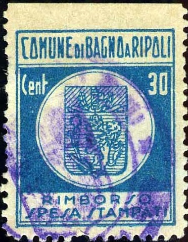 Marca da Bollo del Comune di BAGNO A RIPOLI su Carta Bianca Sottile di dimensioni 22 x 26,5 mm