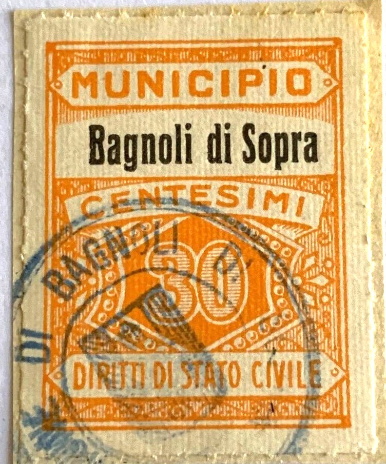 Marca da Bollo del Comune di BAGNOLI DI SOPRA su Carta Bianca di dimensioni 23 x 29 mm