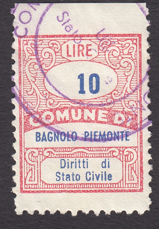 Marca da Bollo del Comune di BAGNOLO PIEMONTE su Carta Bianca di dimensioni 22 x 28 mm