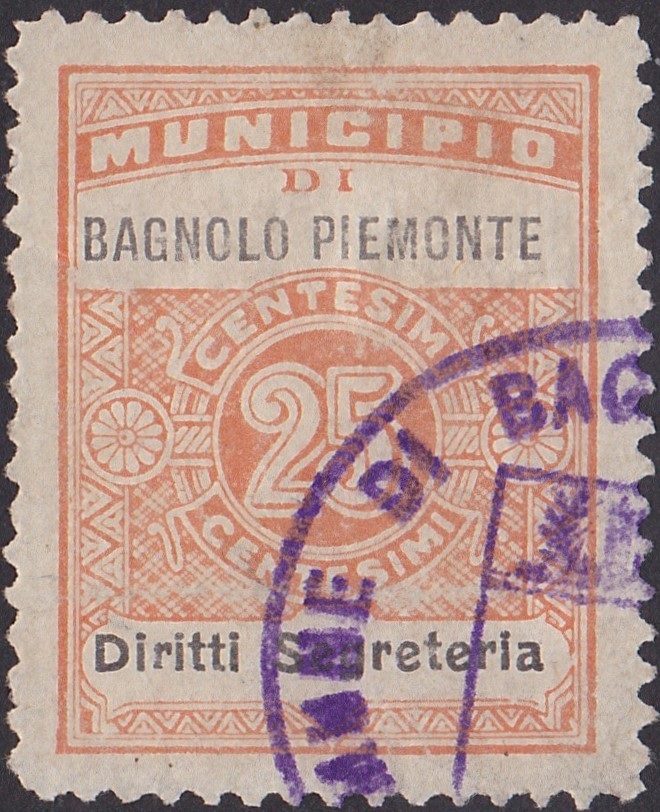 Marca da Bollo del Comune di BAGNOLO PIEMONTE su Carta Bianca di dimensioni 23 x 32 mm
