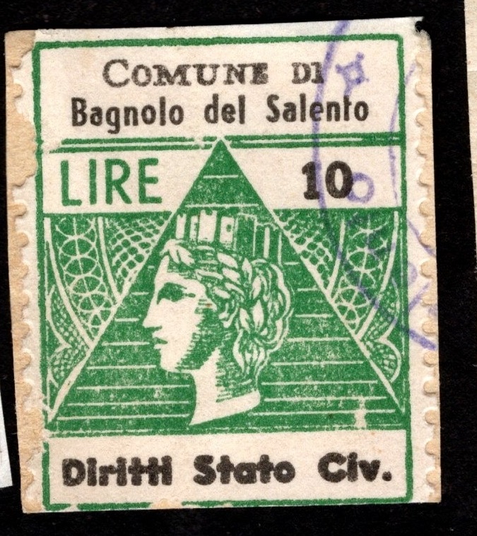 Marca da Bollo del Comune di BAGNOLO DEL SALENTO su Carta Bianca di dimensioni 21,5 x 28,5 mm