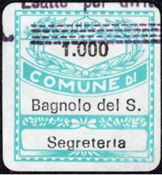 Marca da Bollo del Comune di BAGNOLO DEL SALENTO su Carta Bianca di dimensioni 19 x 21 mm