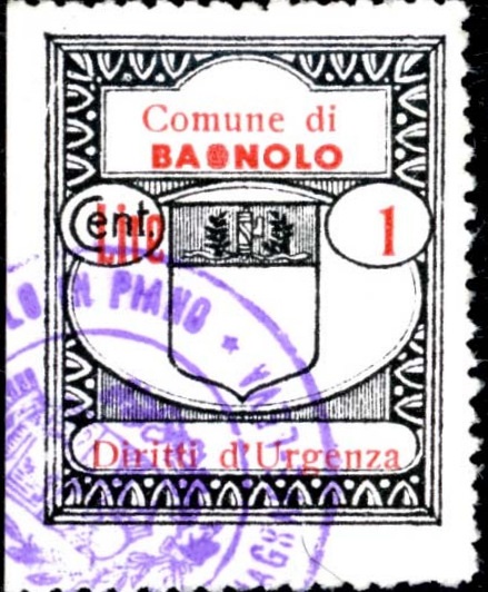 Marca da Bollo del Comune di BAGNOLO IN PIANO su Carta Bianca di dimensioni 24,5 x 30 mm