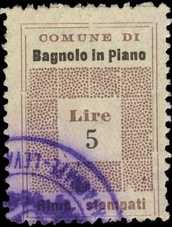 Marca da Bollo del Comune di BAGNOLO IN PIANO su Carta Bianca Sottile di dimensioni 19,5 x 28,5 mm