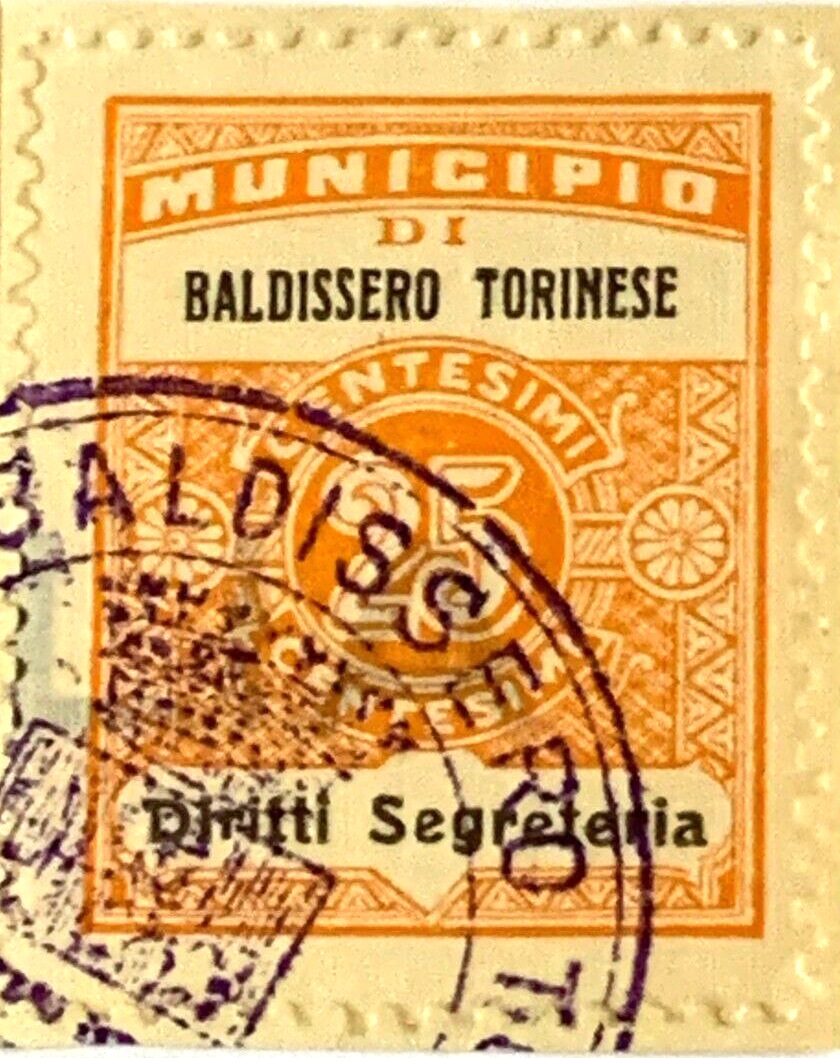 Marca da Bollo del Comune di BALDISSERO TORINESE su Carta Bianca di dimensioni 22 x 28 mm