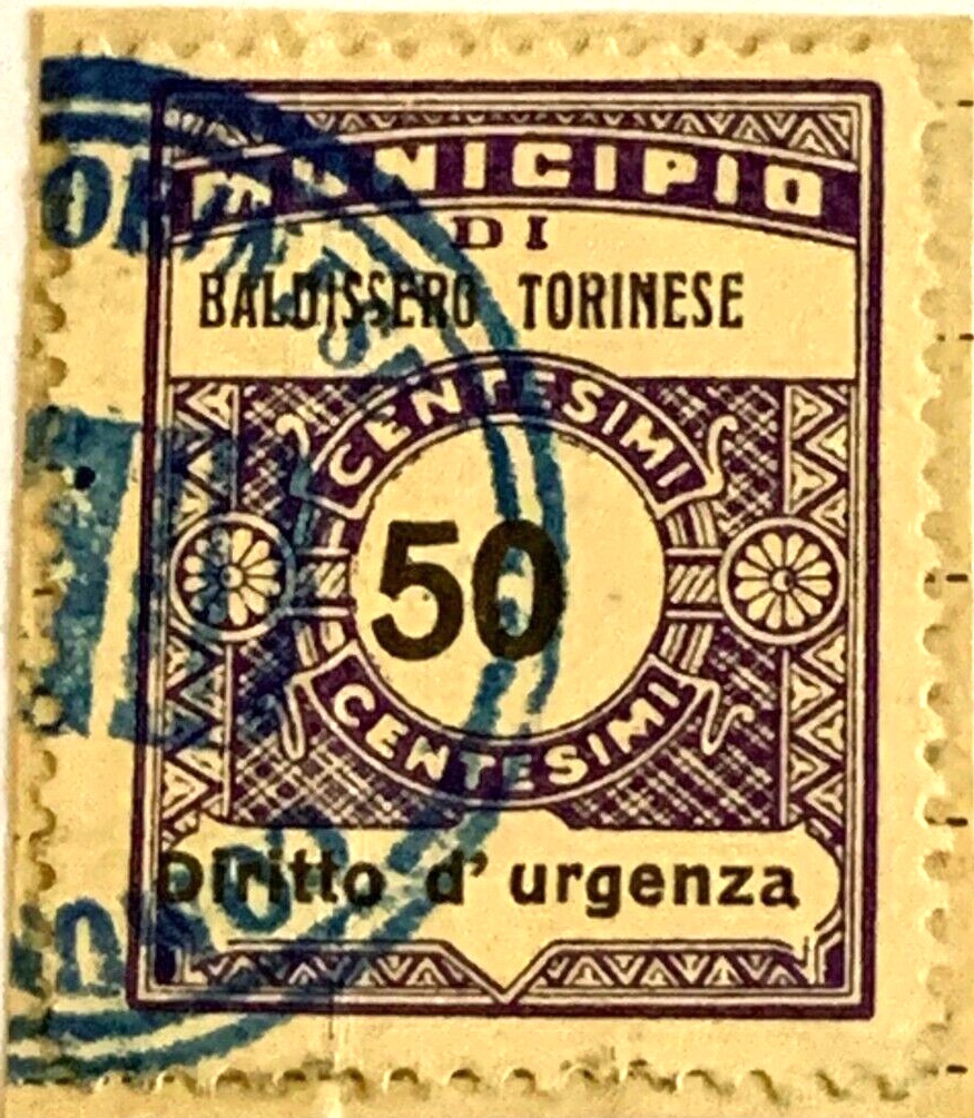 Marca da Bollo del Comune di BALDISSERO TORINESE su Carta Bianca di dimensioni 22 x 28 mm