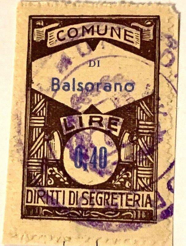 Marca da Bollo del Comune di BALSORANO su Carta Bianca di dimensioni 23 X 33 mm