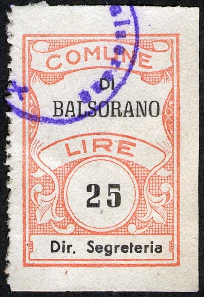 Marca da Bollo del Comune di BALSORANO su Carta Bianca di dimensioni 22,5 x 29 mm