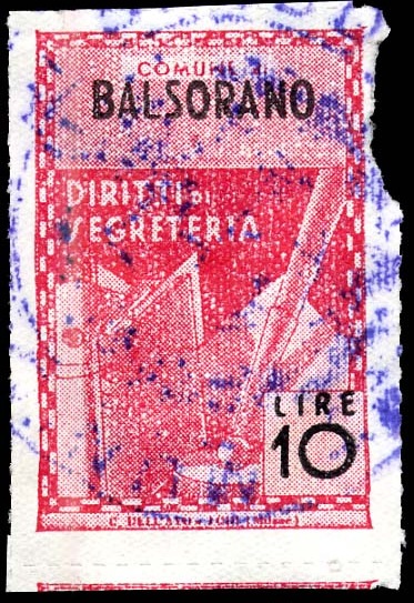 Marca da Bollo del Comune di BALSORANO su Carta Bianca Sottile di dimensioni 21 X 32 mm