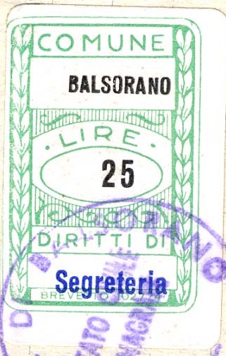 Marca da Bollo del Comune di BALSORANO su di dimensioni 19 x 29,5 mm